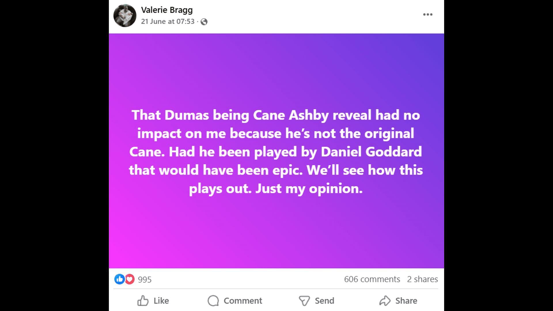 A Facebook post about Cane Ashby's casting choice (Image via Facebook/Young and Restless Canadian Day Ahead Recaps - Soaps Spoilers)